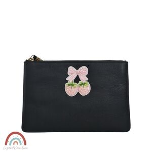 New! Madewell The Pouch Clutch Leather Zip Bag with Pink Bow Strawberries Patch